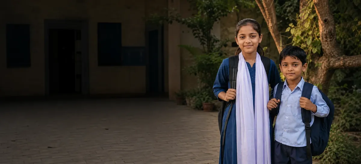 Two children with school bags, ready for a day of learning.