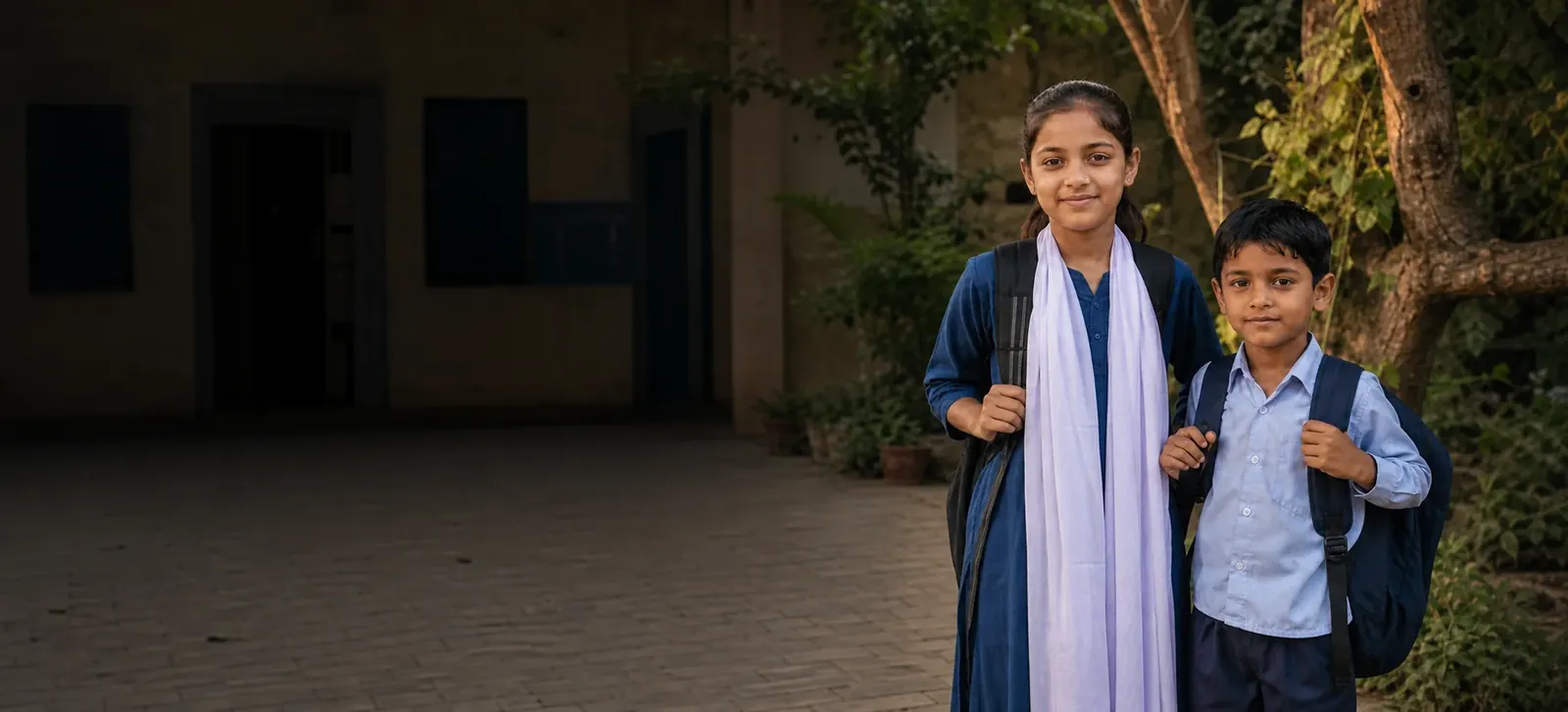 Two schoolchildren with backpacks, ready for a day of learning